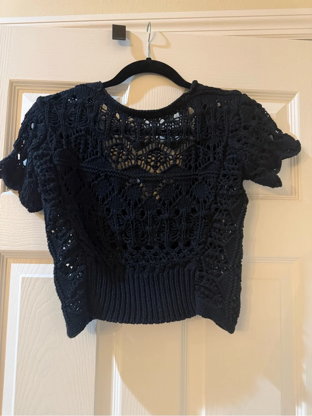 Free People Black Crocheted Short Sleeve Crop Cardigan